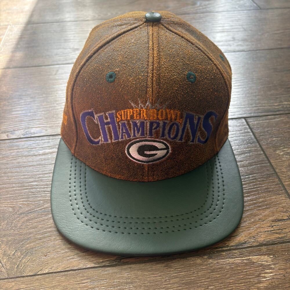 Vintage Packers Modern NFL Leather Brown Green Super Bowl Champ Snap Back HAT OS